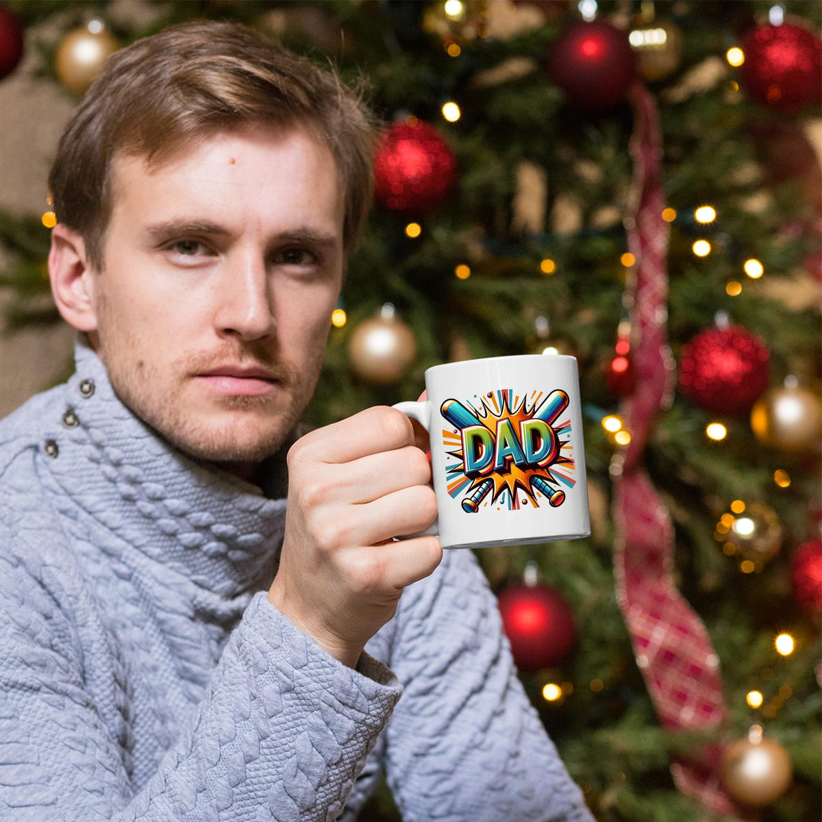 Man holding the DAD baseball bats mug in front of a Christmas tree