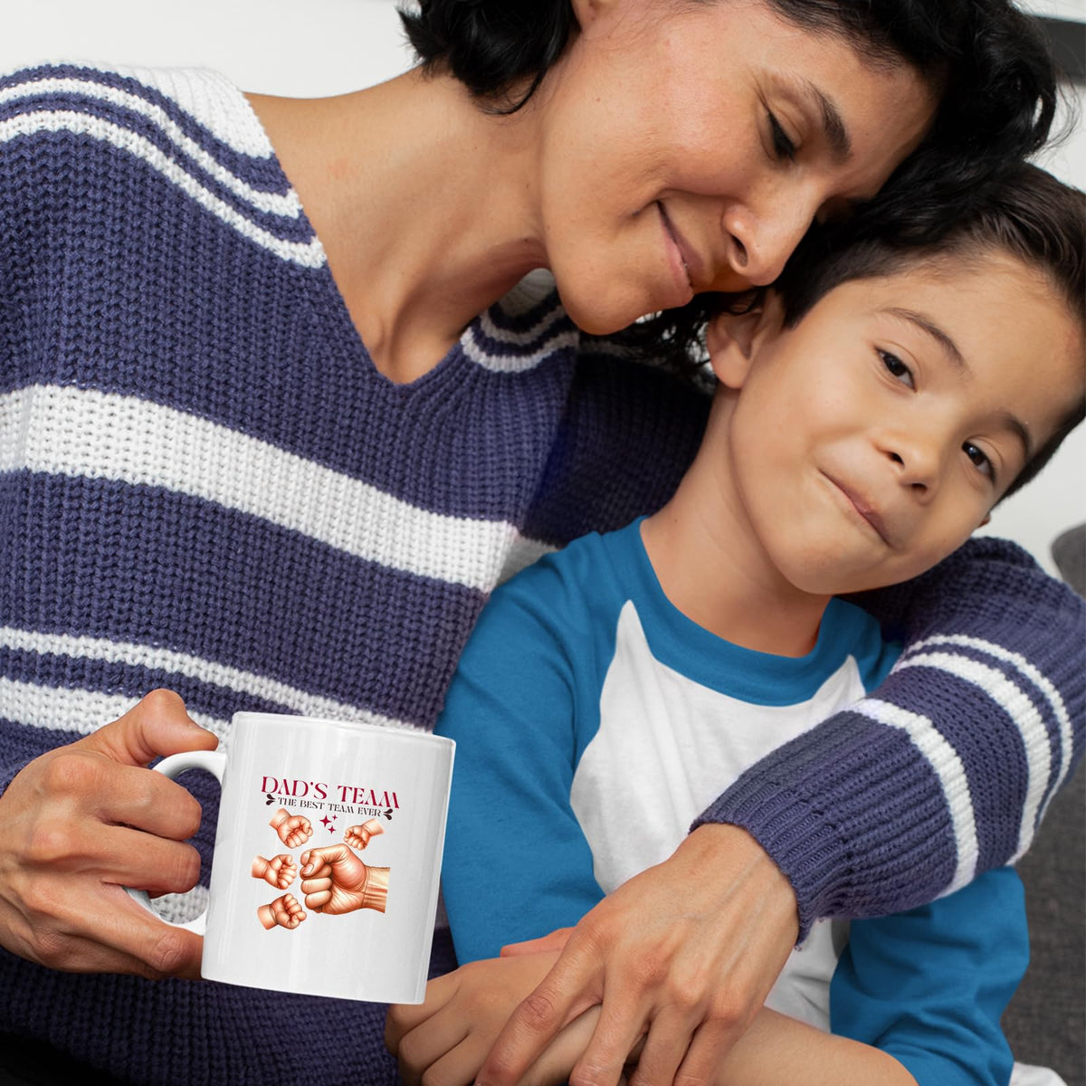 Mum and son with the Dad’s Team fist bump mug