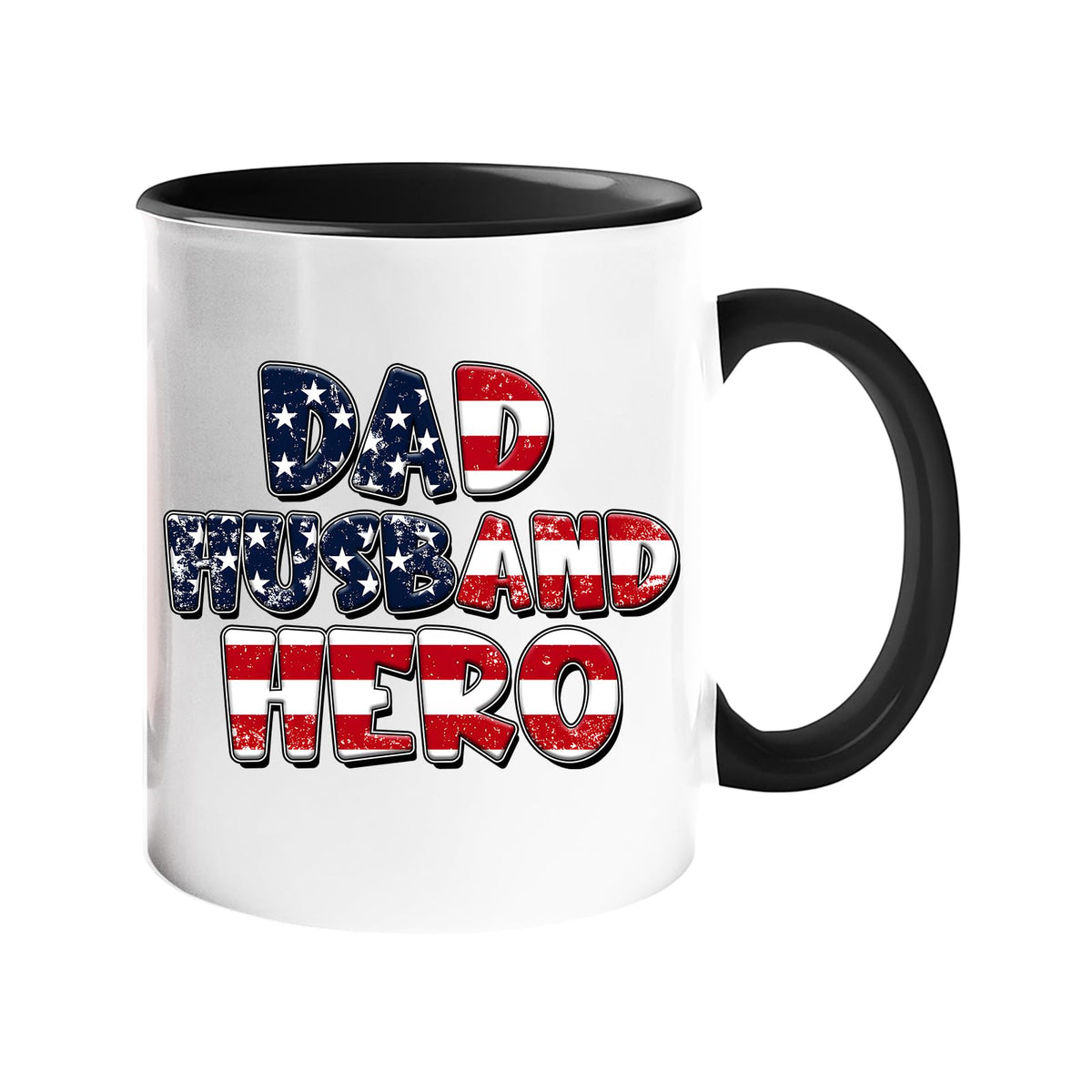 Colour handle mug with “Dad, Husband, Hero” in stars-and-stripes lettering – black handle and inside