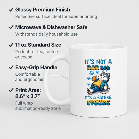 White mug with labels for 11oz size, glossy finish, easy-grip handle and print area