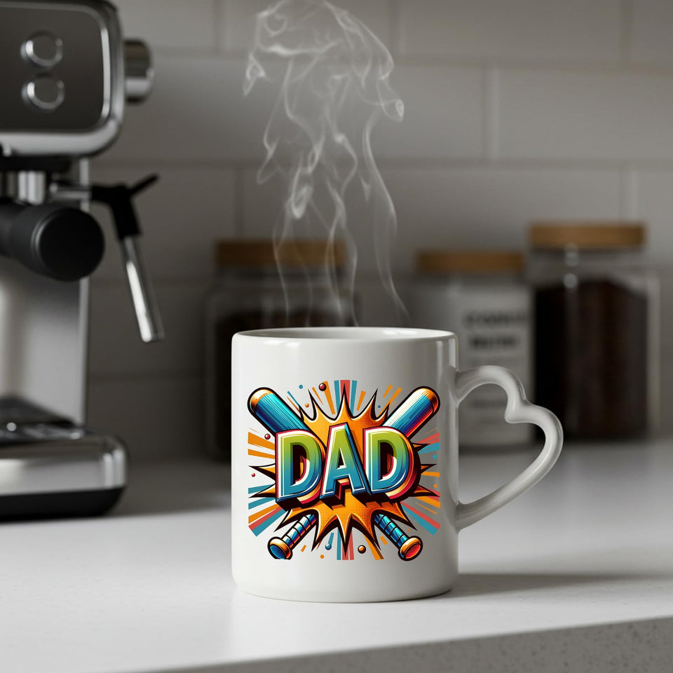 Steaming DAD baseball bats heart-handle mug on a kitchen counter