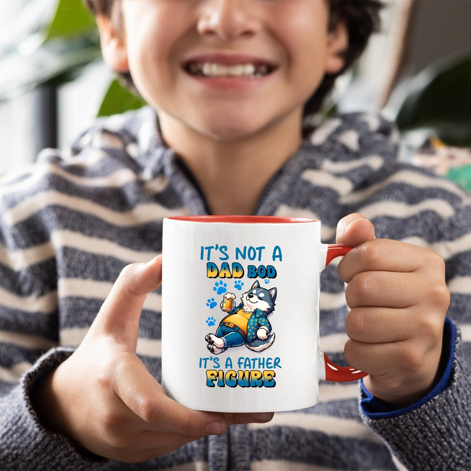 Smiling child holding the Dad Bod husky mug with a red handle