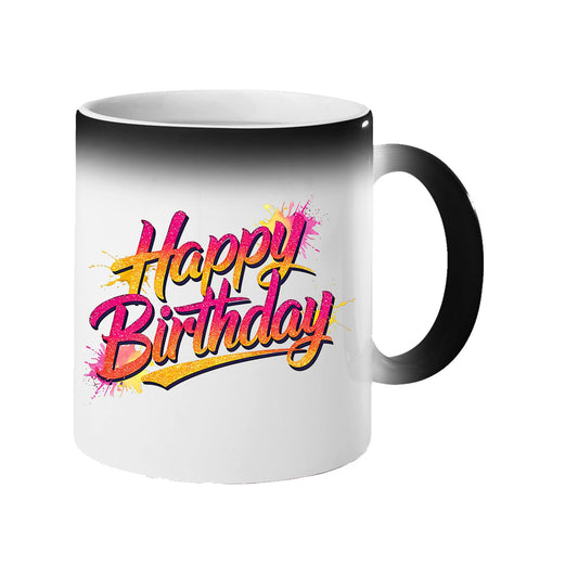 Colour changing mug revealing “Happy Birthday” in pink and gold script with a gold splash
