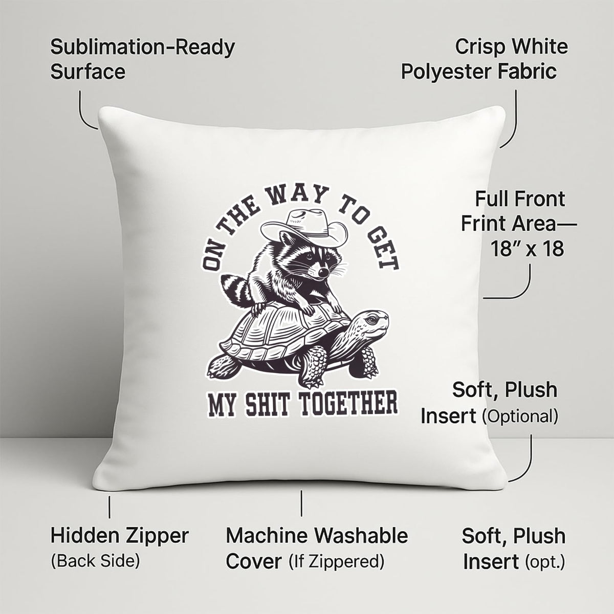 raccoon and tortoise cushion with labels for 18 x 18 inch print area, hidden zip and washable cover