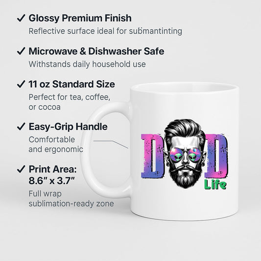 White mug with labels for 11oz size, glossy finish, easy-grip handle and print area