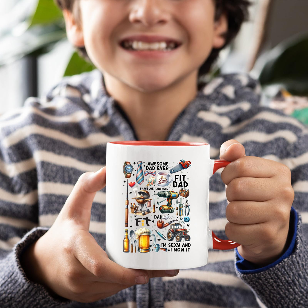 Smiling child holding the Awesome Dad Ever icons mug with a red handle