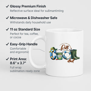 Man holding the Reel Cool Dad mug in front of a Christmas tree