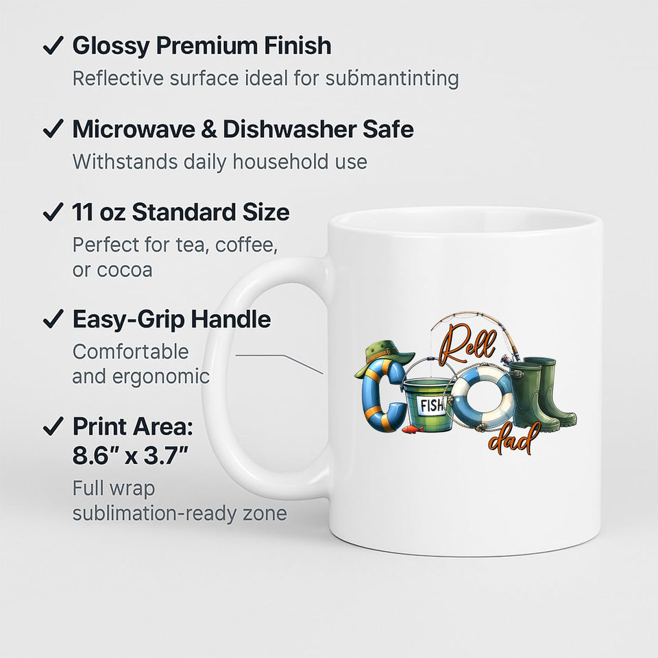 White mug with labels for 11oz size, glossy finish, easy-grip handle and print area