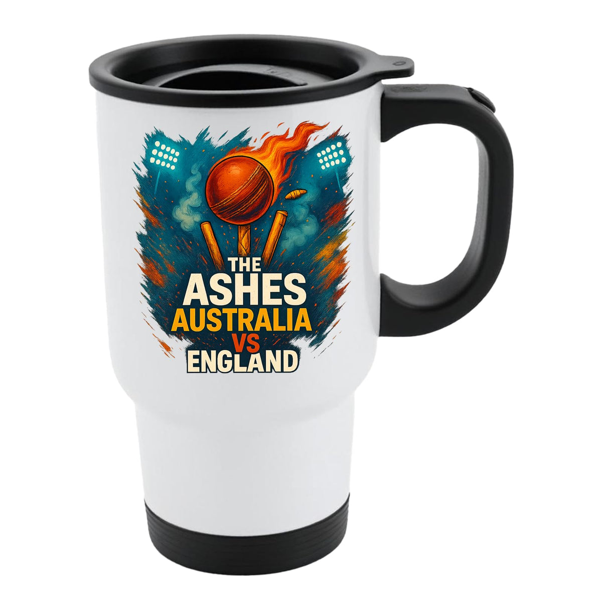 White 14oz travel mug with The Ashes Australia v England cricket design