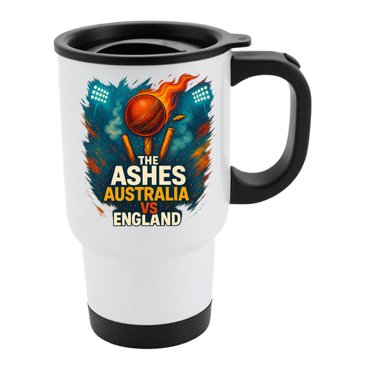White 14oz travel mug with The Ashes Australia v England cricket design