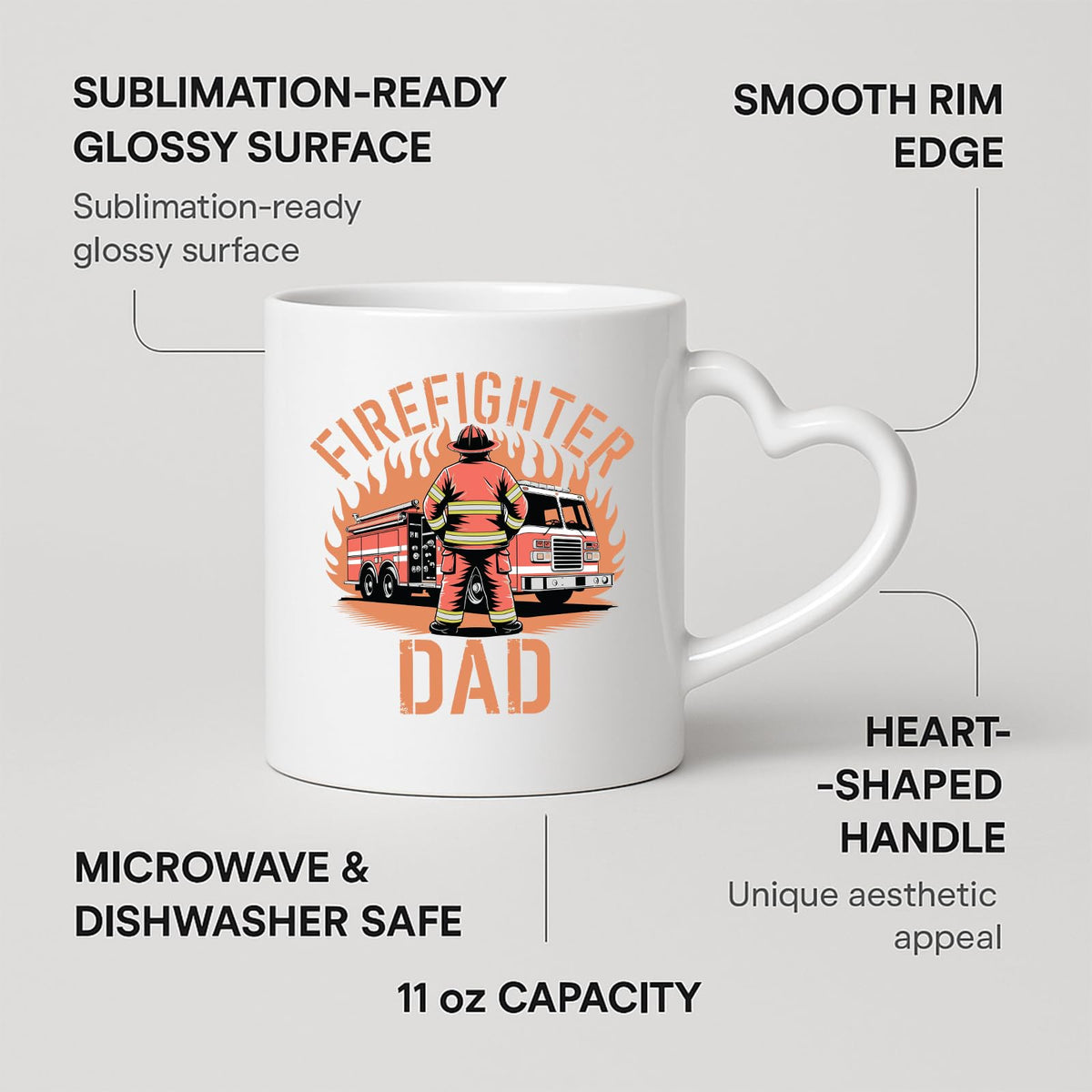 Heart-handle mug with labels for 11oz capacity, glossy surface and heart-shaped handle