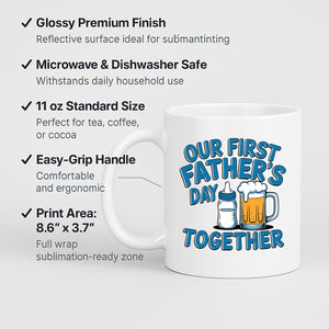 Man holding the First Father’s Day bottle and beer mug in front of a Christmas tree