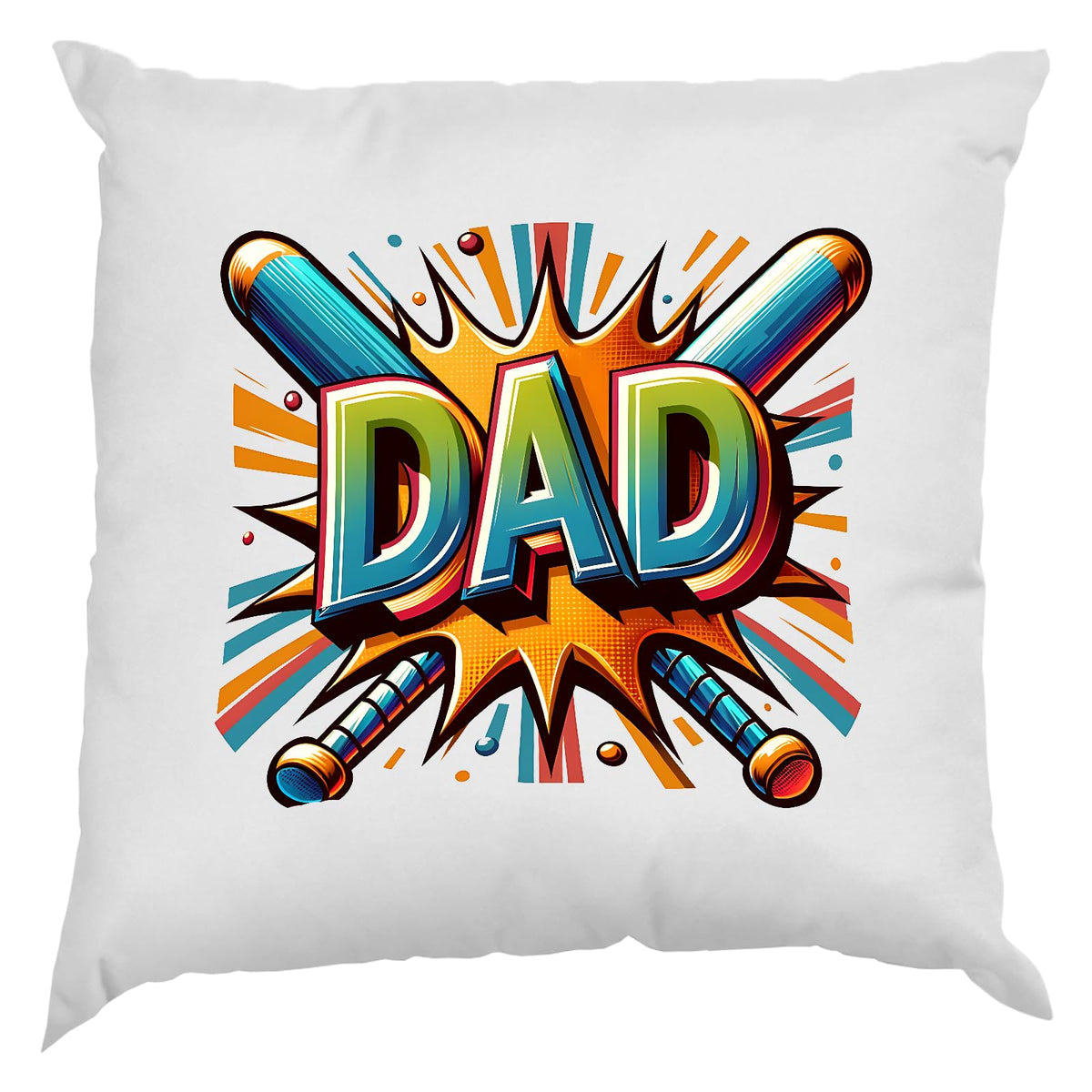 White cushion with a comic-style “DAD” and crossed baseball bats