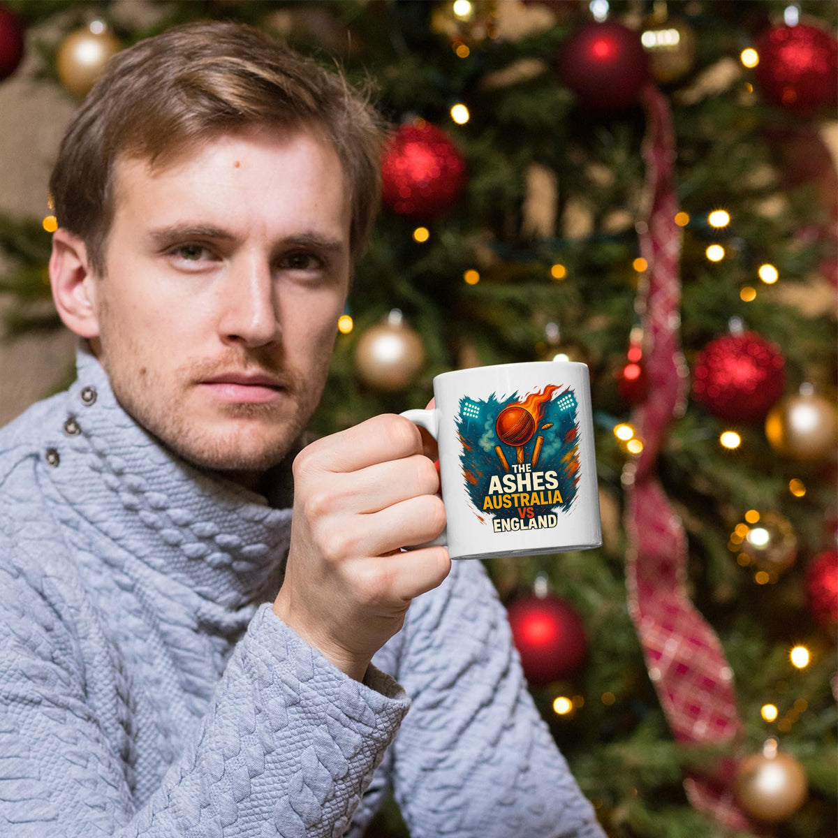 Man holding the Ashes cricket mug by a Christmas tree