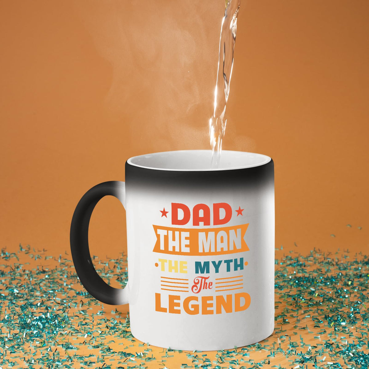 Hot water poured into the Dad the Man retro colour changing mug as the design appears