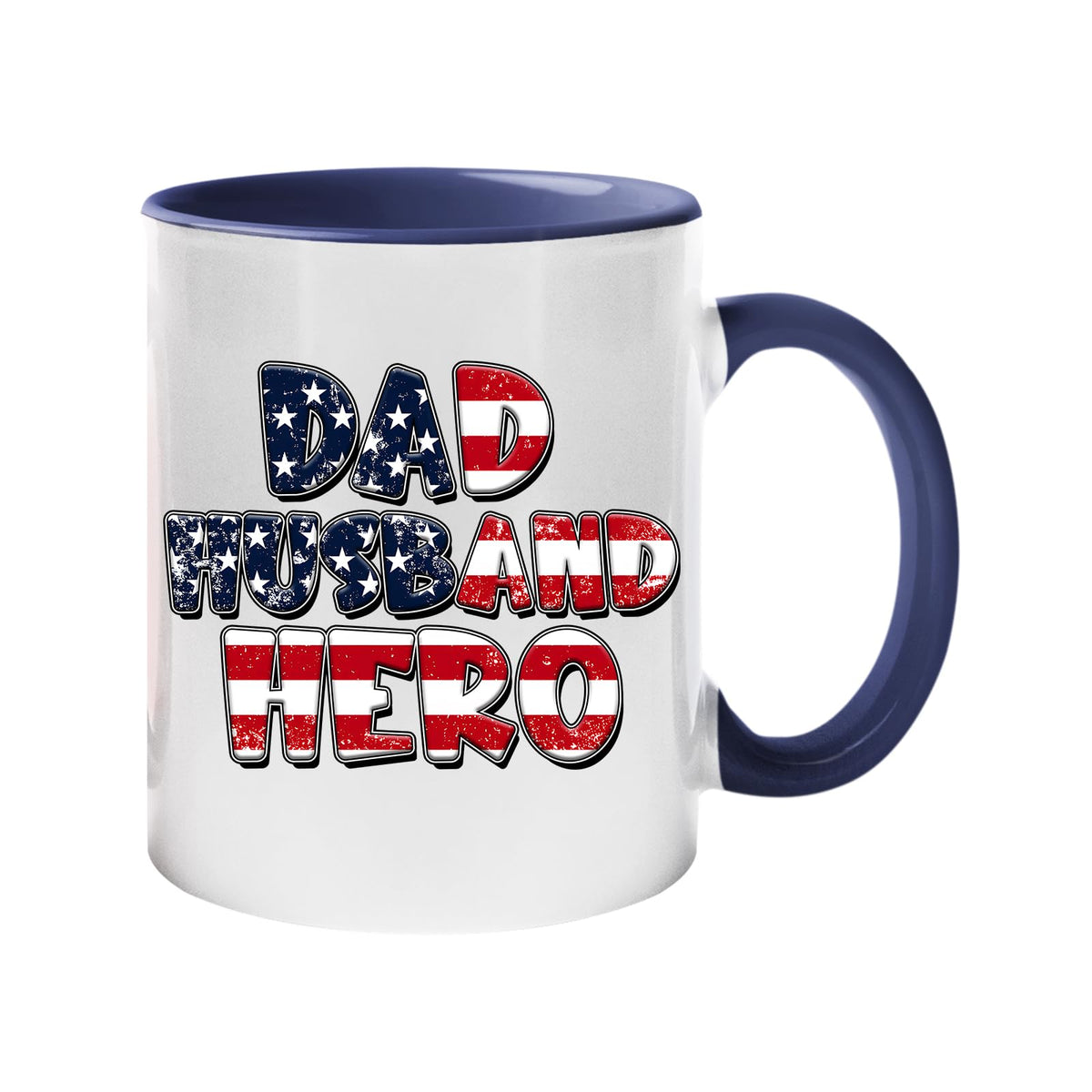 Colour handle mug with “Dad, Husband, Hero” in stars-and-stripes lettering – dark blue handle and inside