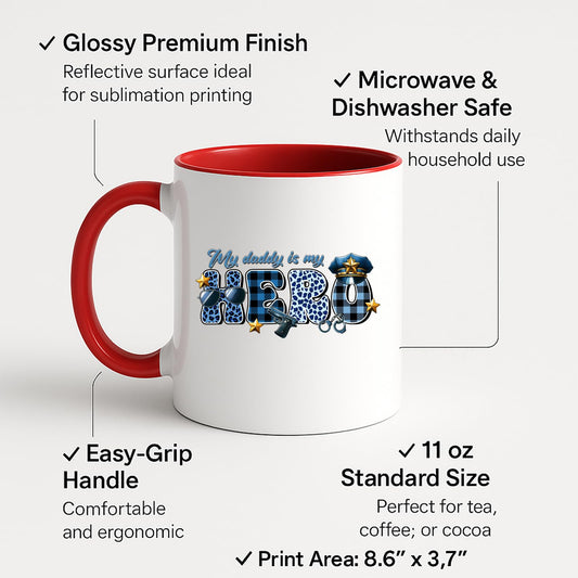 Colour handle mug with labels for 11oz size, glossy finish and easy-grip handle