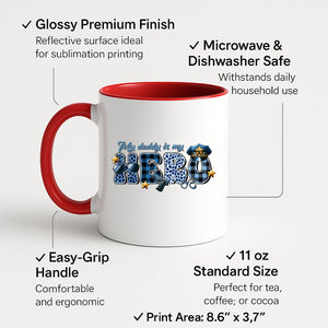 Colour handle mug with “My daddy is my hero” in blue plaid and leopard letters with a police cap and badge – red handle and inside