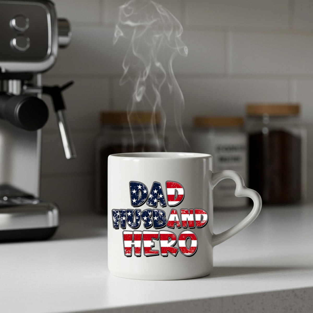 Steaming Dad Husband Hero heart-handle mug on a kitchen counter