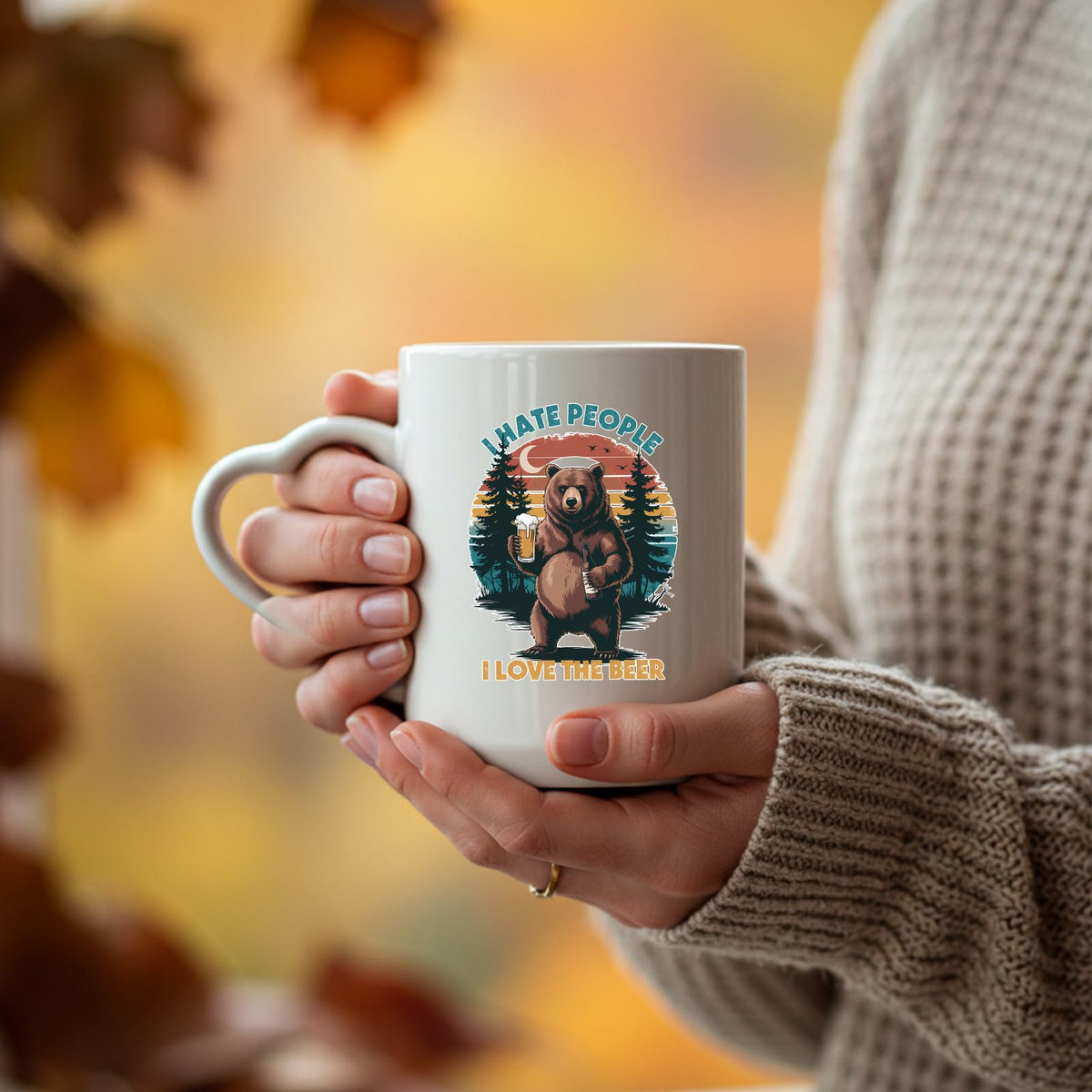 Hands holding the beer-loving bear heart-handle mug