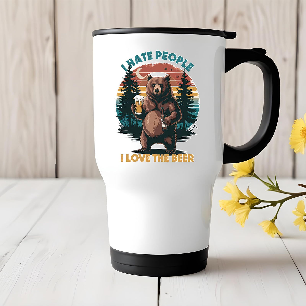 beer-loving bear travel mug on a white wooden table with yellow flowers