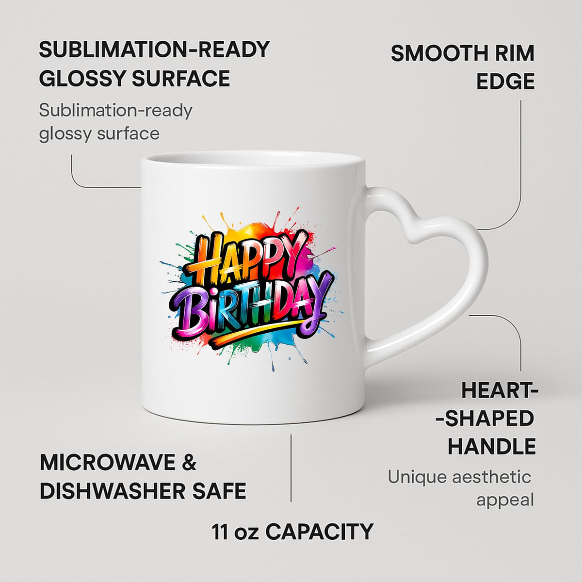 Heart-handle mug with labels for 11oz capacity, glossy surface and heart-shaped handle