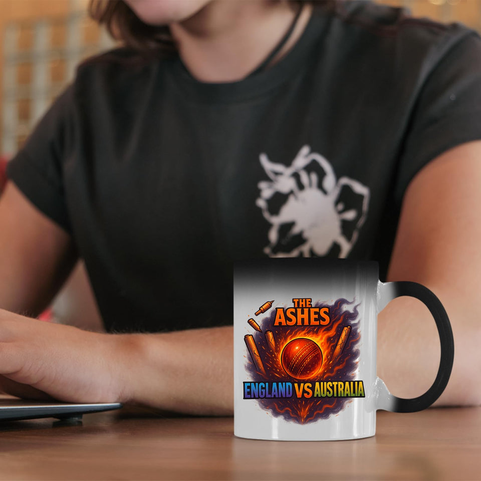 Excudo Trade LTD The Ashes Cricket England Vs Australia Rivalry Cup Magic Heat Reveal Cricket Mug Fiery Appears with Hot Drink Fun Gift Lovers Sports