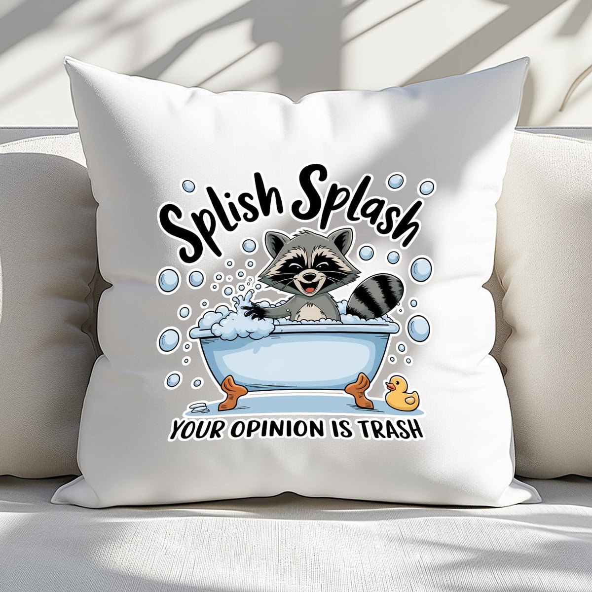 Splish Splash raccoon cushion on a white sofa