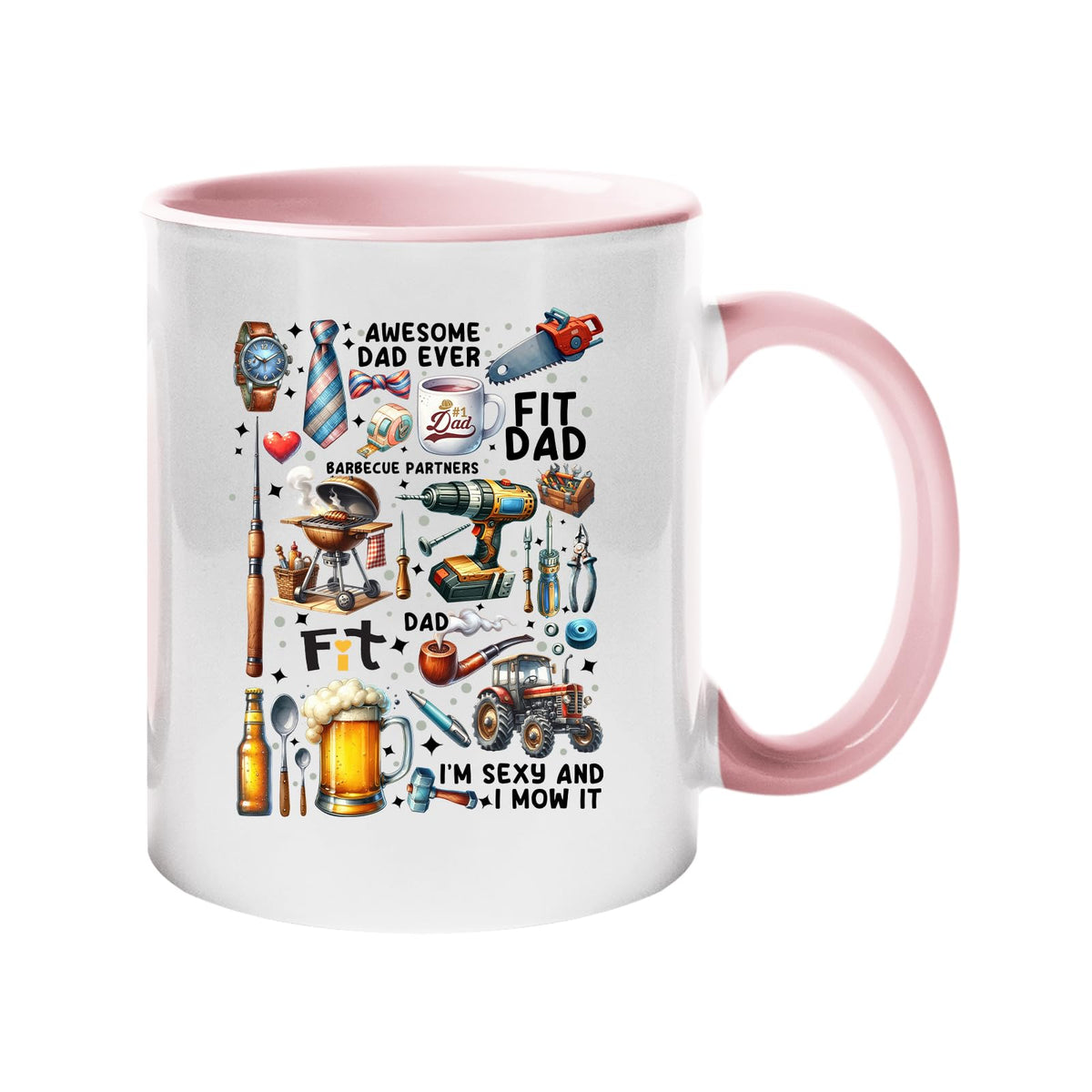 Colour handle mug with a collage of dad favourites – BBQ, tools, beer, a tractor and “Awesome Dad Ever” – light pink handle and inside