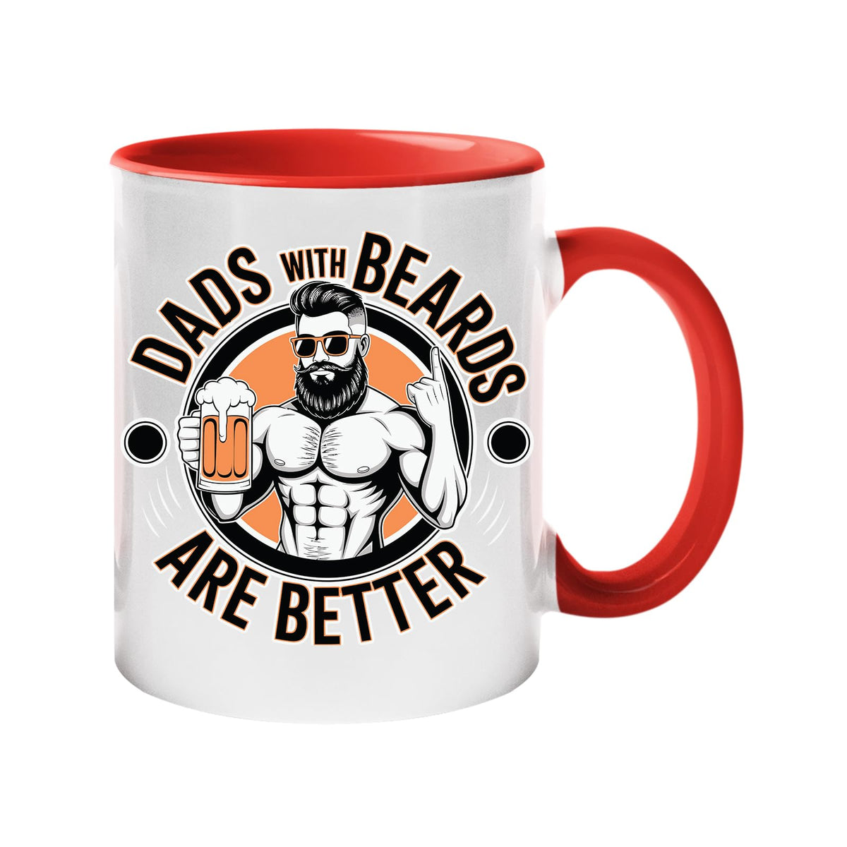 Colour handle mug with a muscly bearded dad with a beer and “Dads with beards are better” – red handle and inside