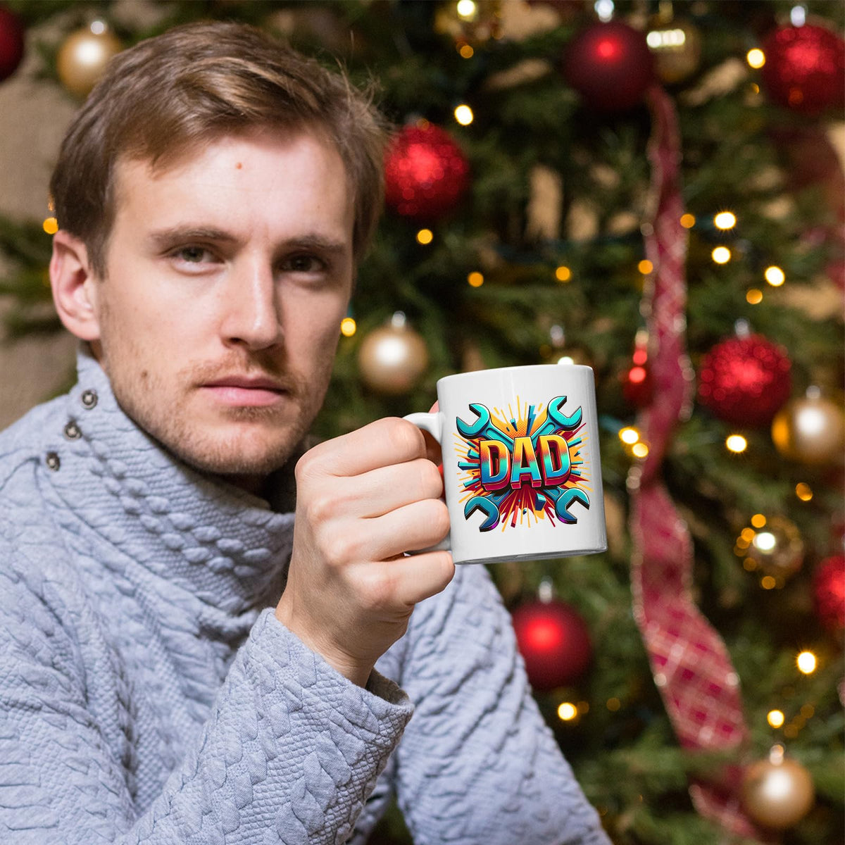 Man holding the DAD spanners mug in front of a Christmas tree