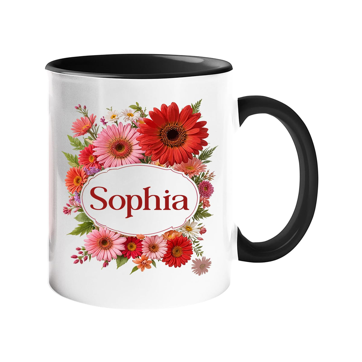 Colour handle mug with a red gerbera wreath around an example name, black handle and inside