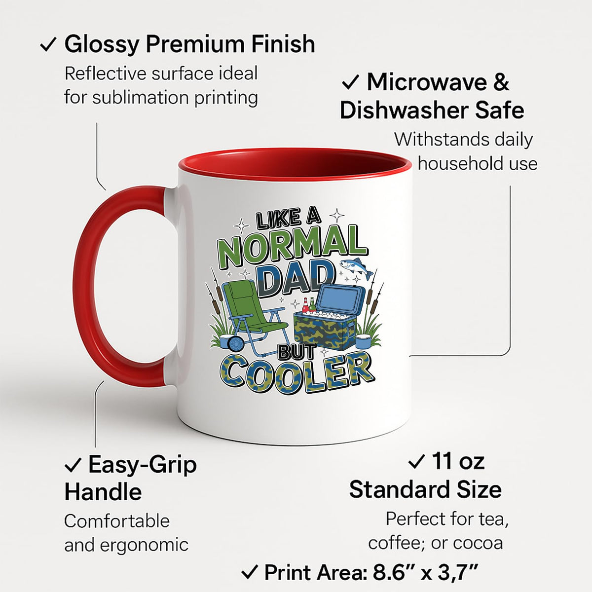 Colour handle mug with labels for 11oz size, glossy finish and easy-grip handle