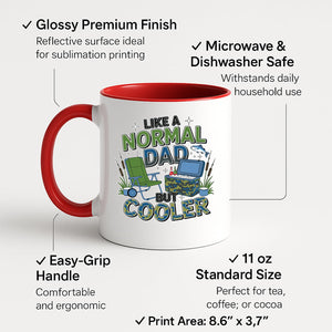 Colour handle mug with camping chairs, a cool box and a fishing rod with “Like a normal dad, but cooler” – red handle and inside