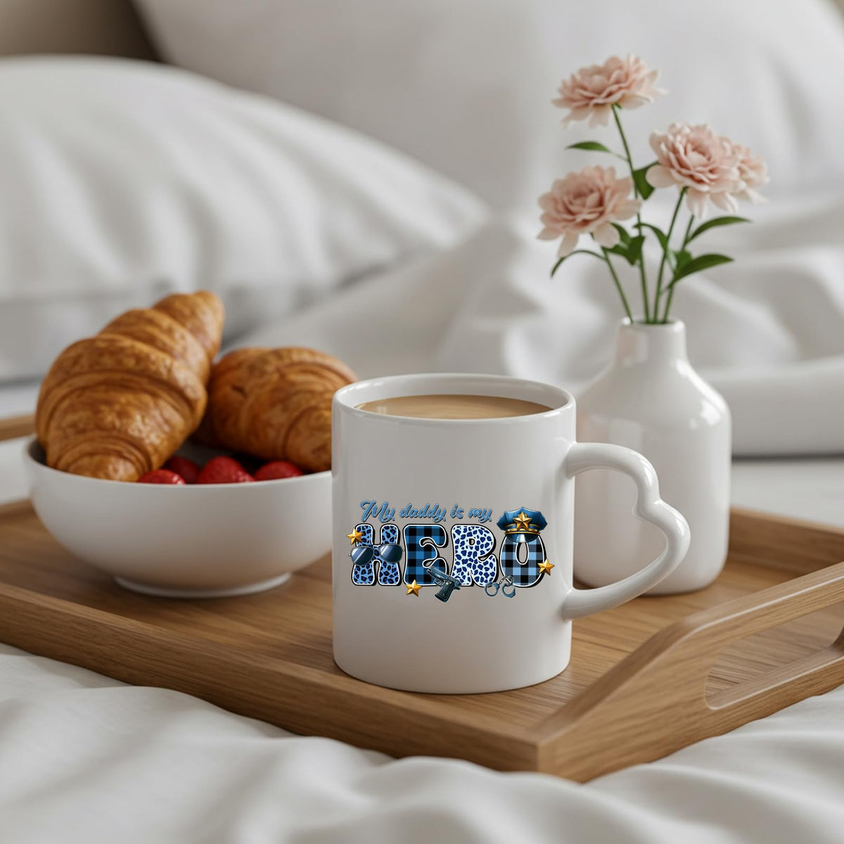 My Daddy Is My Hero police heart-handle mug on a breakfast tray with croissants and flowers