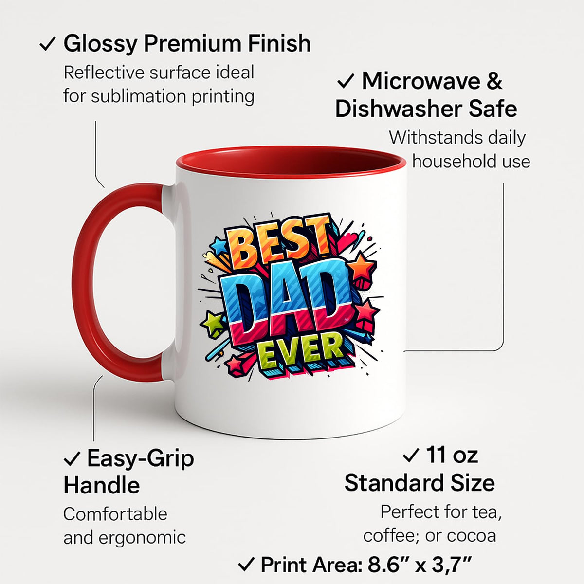 Colour handle mug with labels for 11oz size, glossy finish and easy-grip handle