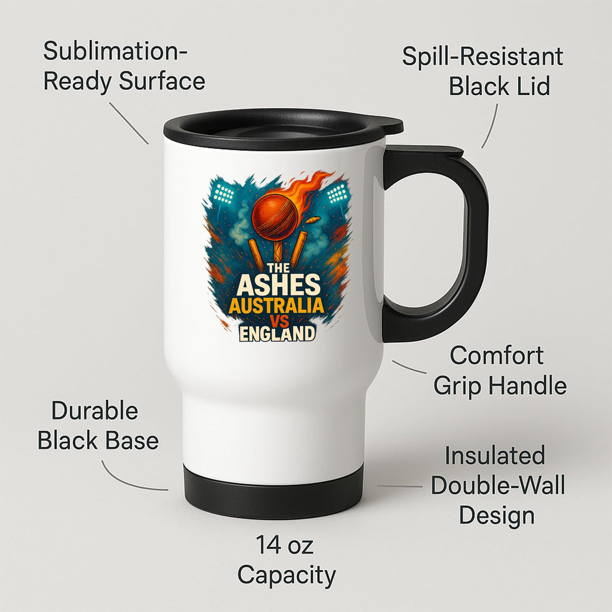 Ashes travel mug with labels for the spill-resistant lid and 14oz capacity