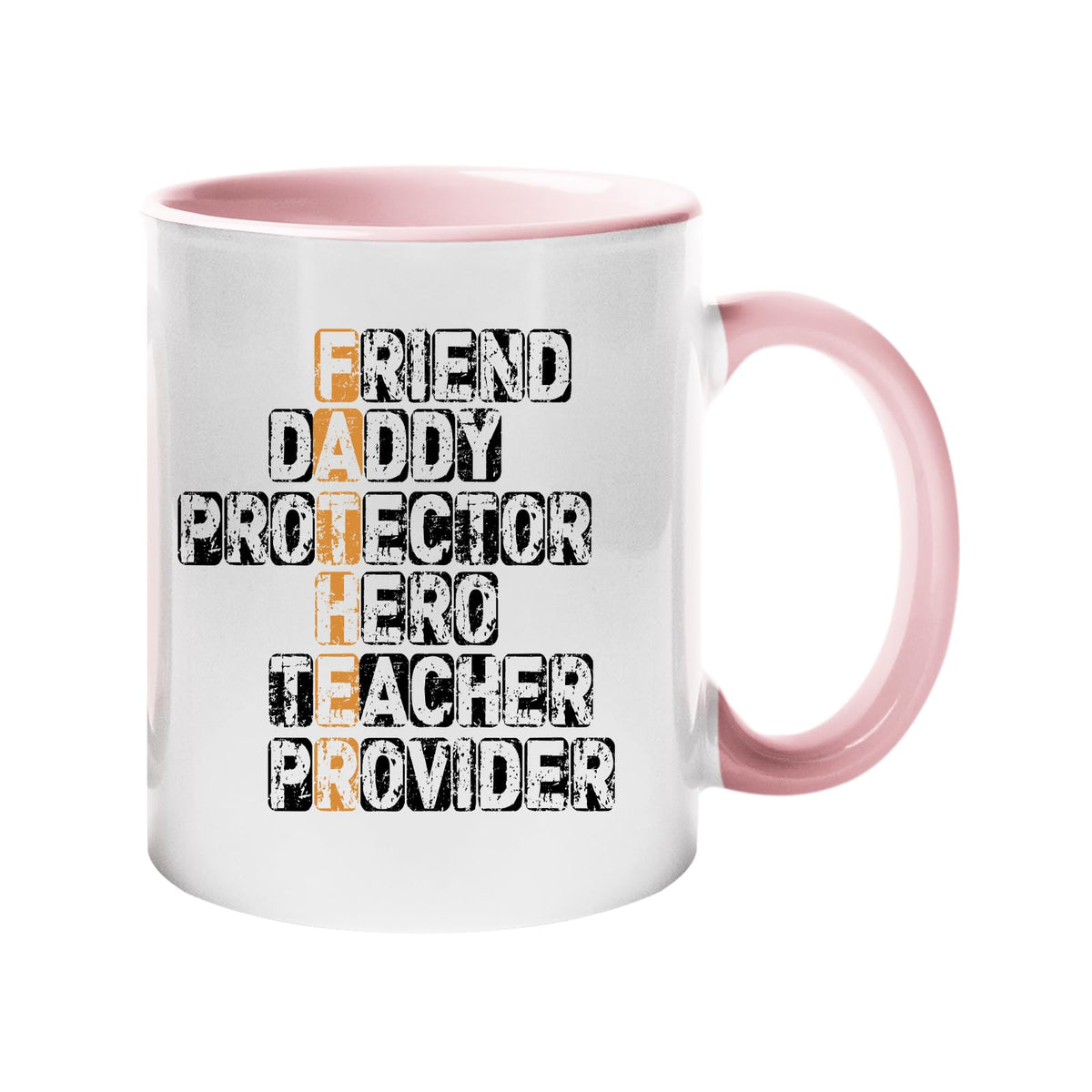 Colour handle mug with a “FATHER” acrostic – friend, daddy, protector, hero, teacher, provider – light pink handle and inside