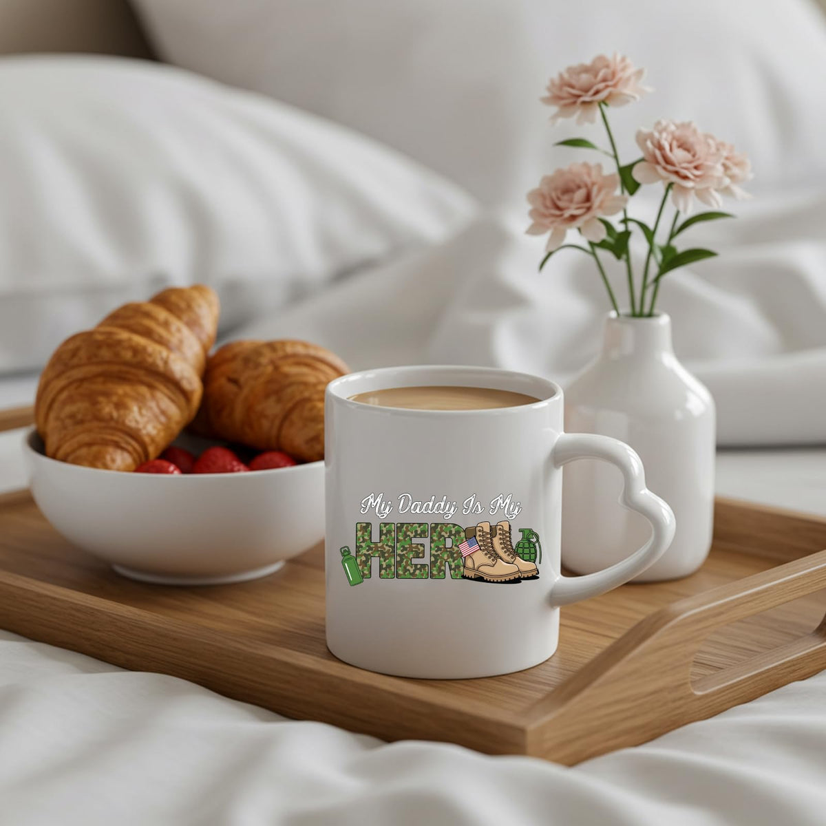 My Daddy Is My Hero military heart-handle mug on a breakfast tray with croissants and flowers