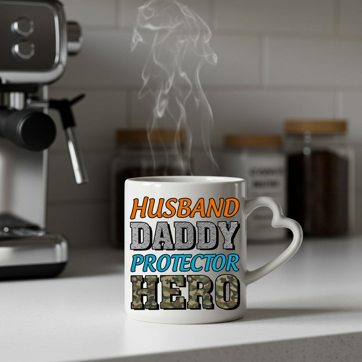 Steaming Husband Daddy Protector Hero camo heart-handle mug on a kitchen counter