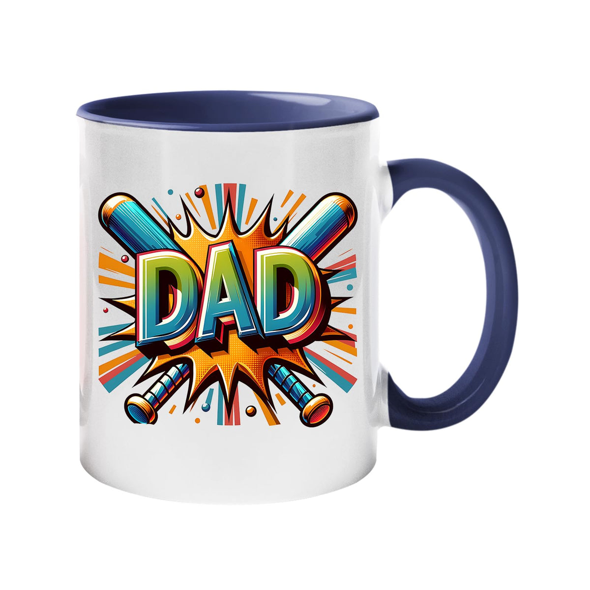Colour handle mug with a comic-style “DAD” in front of crossed baseball bats – dark blue handle and inside