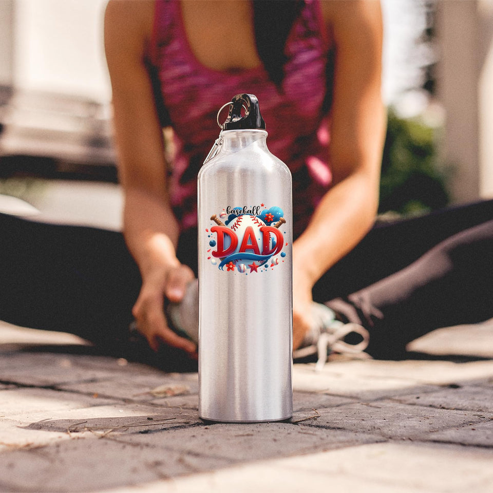 Baseball Dad water bottle on the ground as a woman stretches