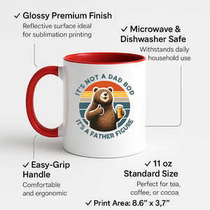 Colour handle mug with a thumbs-up bear with a beer on a retro sunset and “It’s not a dad bod, it’s a father figure” – red handle and inside