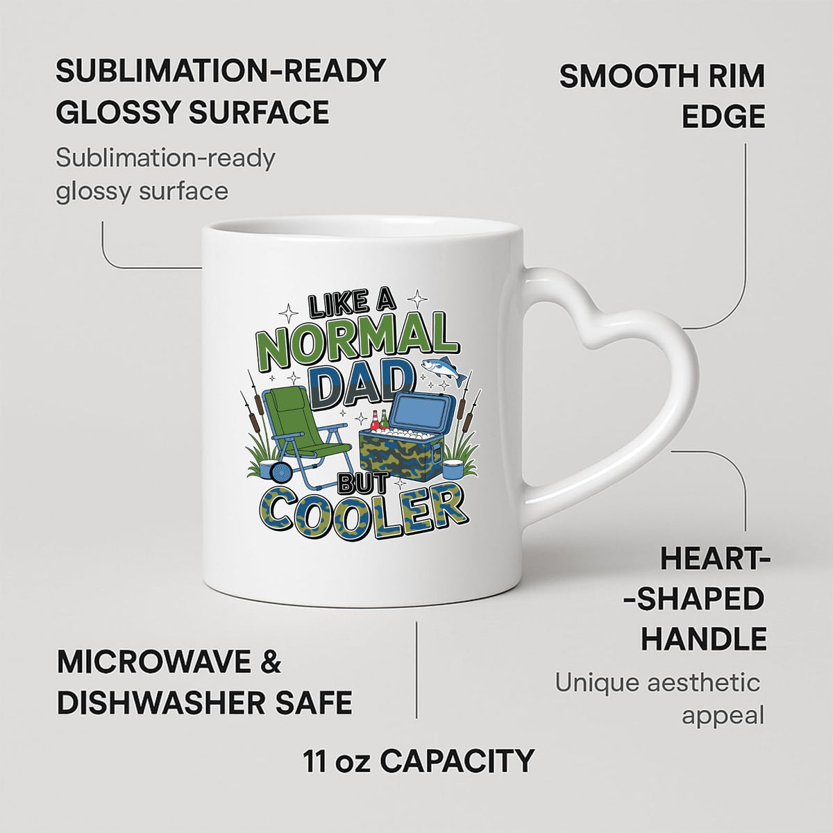 Heart-handle mug with labels for 11oz capacity, glossy surface and heart-shaped handle
