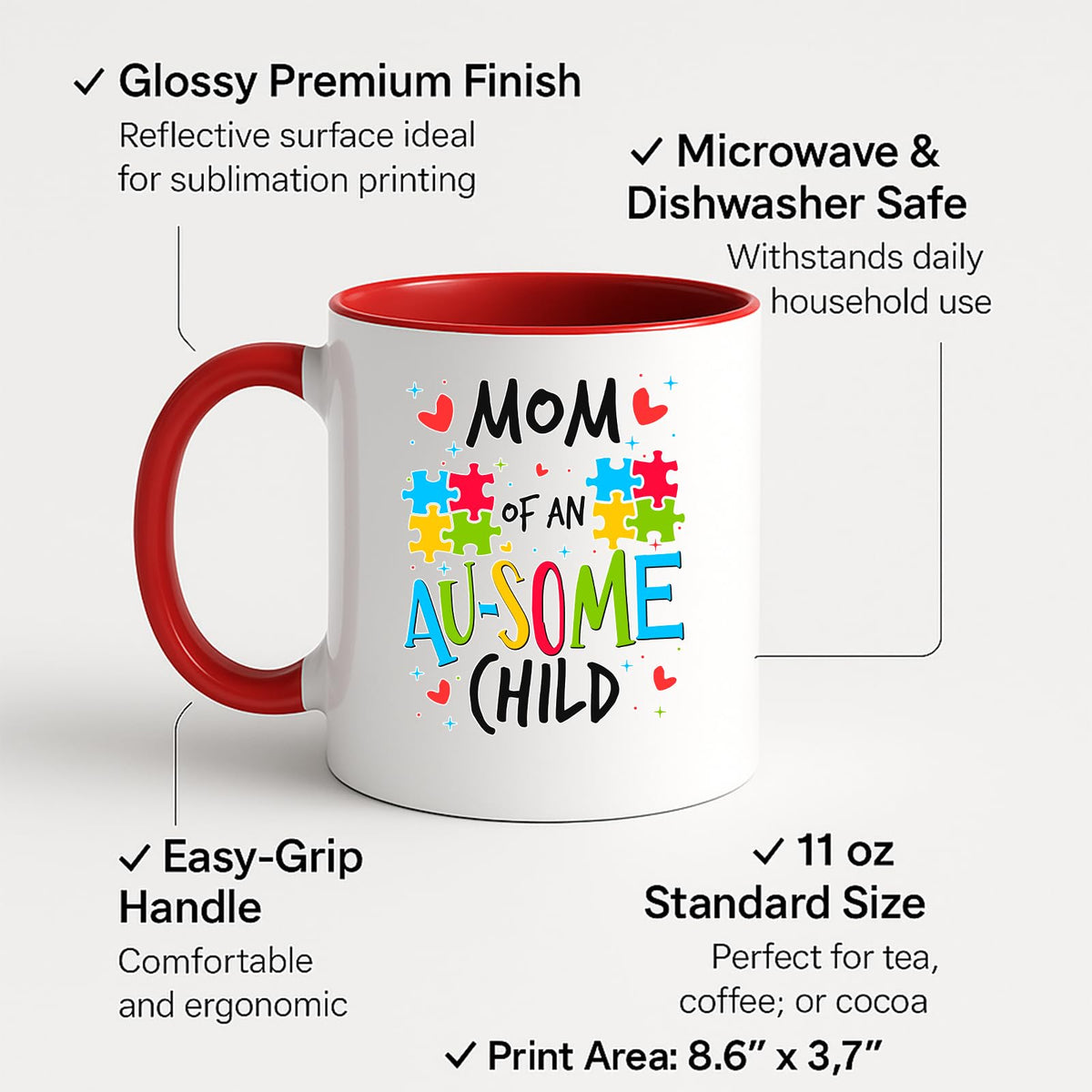 Colour handle mug with labels for 11oz size, glossy finish and easy-grip handle