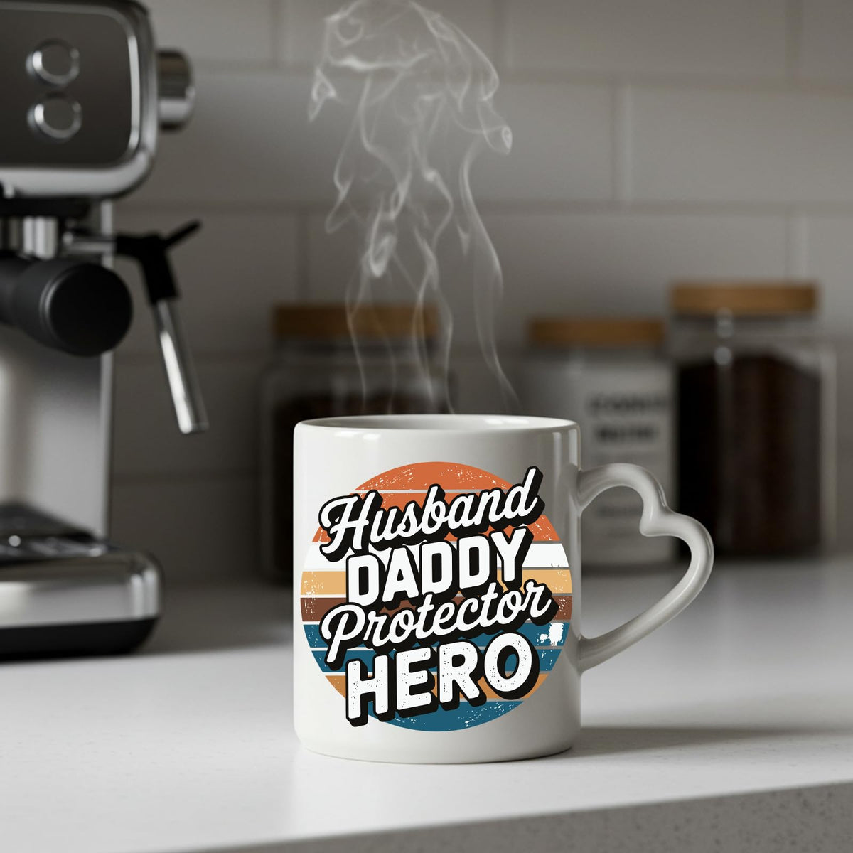 Steaming Husband Daddy Protector Hero retro heart-handle mug on a kitchen counter