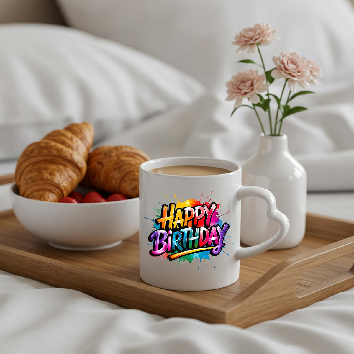 Happy Birthday rainbow splash heart-handle mug on a breakfast tray with croissants and flowers