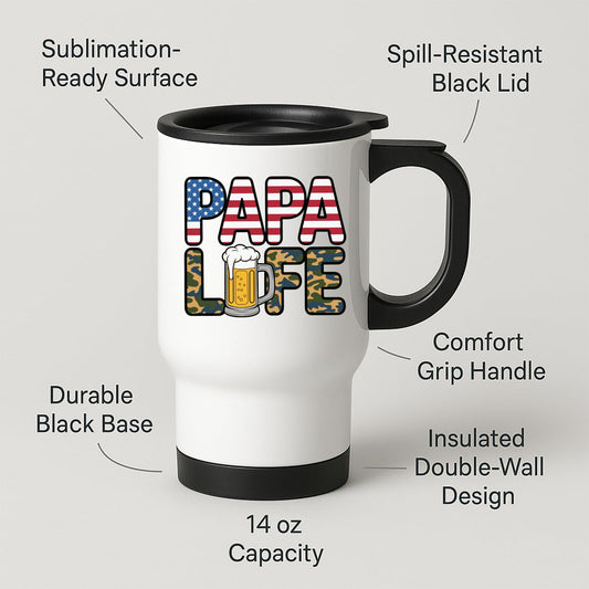 Travel mug with labels for spill-resistant lid, insulated double wall and 14oz capacity