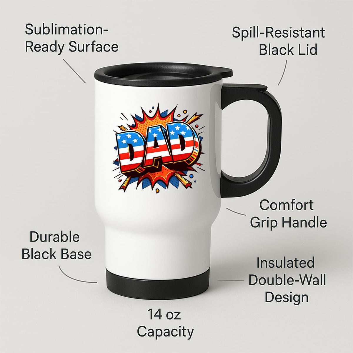 Travel mug with labels for spill-resistant lid, insulated double wall and 14oz capacity