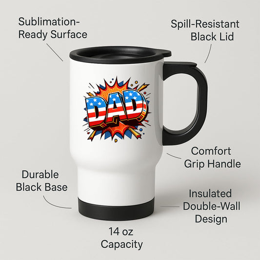 Travel mug with labels for spill-resistant lid, insulated double wall and 14oz capacity